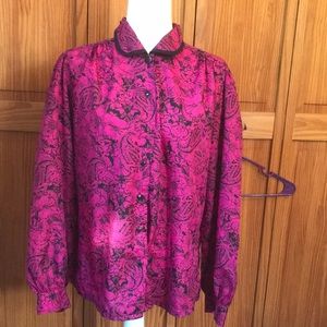 Vintage Judy bond hot pink and black floral button down collared longsleeve